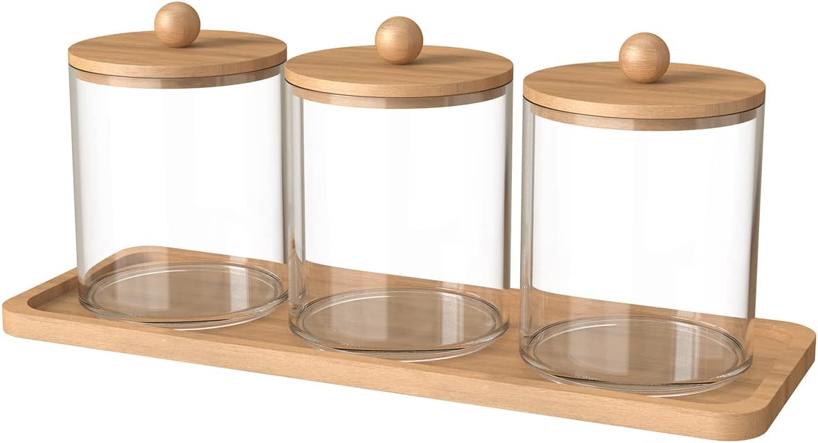 3Pcs Qtip HolderDispenser with Bamboo Lids