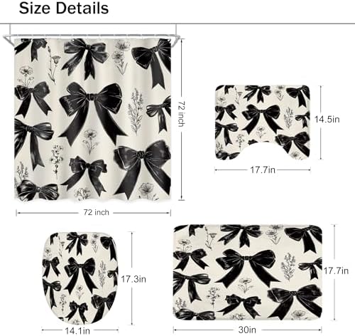 Ufeela 4 PCS Black Bow Shower Curtain Set