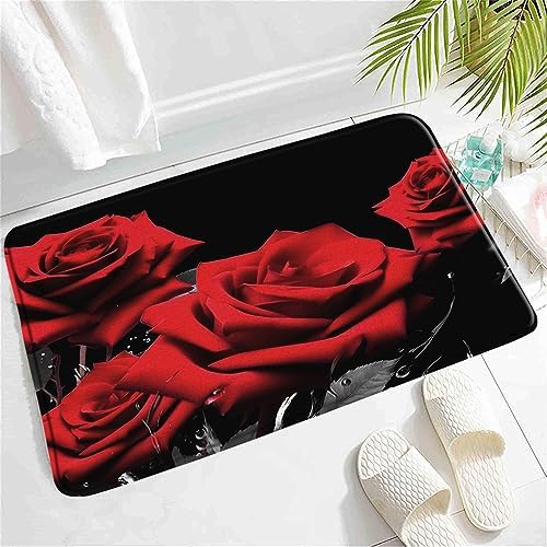 SATRTUD Red Rose Bath Mat Non-Slip Rug 24x16 Inch