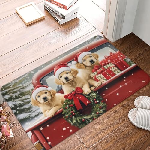Rustic Christmas Red Truck With Dogs Bath Mat 1