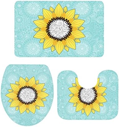 3 Piece Bathroom Rug Set with Mandala Sunflower Pattern