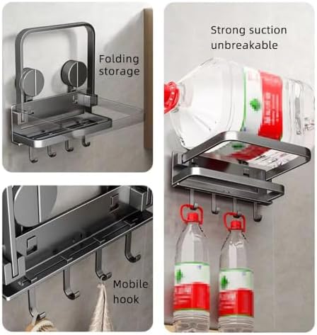 Folding Shower Suction Cup Shelf with Hook and Basin Stand