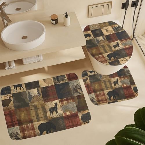 4Pcs Farmhouse Elk Deer Shower Curtain Set with Rug and Liner