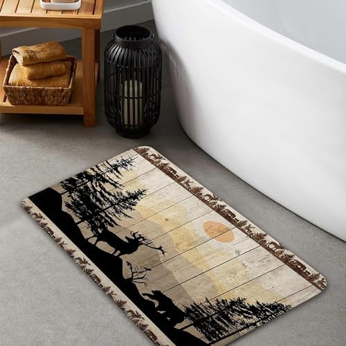 NYMB Rustic Cabin Bath Rug Set 19x31in Deer Bear Forest Print