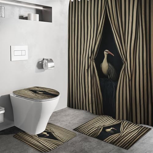GUBIYU 4PCS Funny Animal Shower Curtain Set with Rug