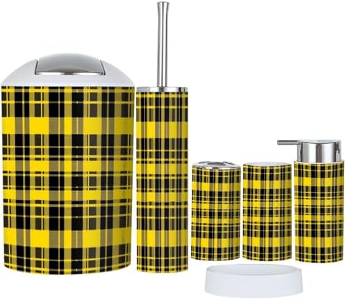 Boho Yellow Black Tartan Bathroom Accessory Set 6 Piece 1