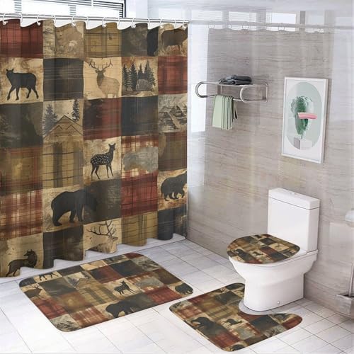 4Pcs Farmhouse Elk Deer Shower Curtain Set with Rug and Liner