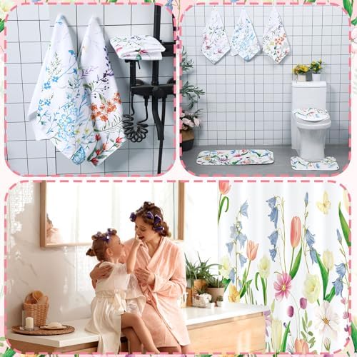 Newwiee 7 Pcs Flower Bathroom Set with Mats and Towels