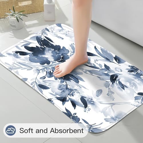 Litabel 4 Pcs Navy Floral Shower Curtain Set with Rug and Bath Mat