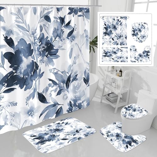 Litabel 4 Pcs Navy Floral Shower Curtain Set with Rug and Bath Mat
