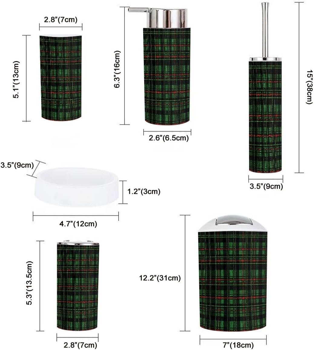 Boho Green Tartan Plaid 6-Piece Bathroom Accessory Set