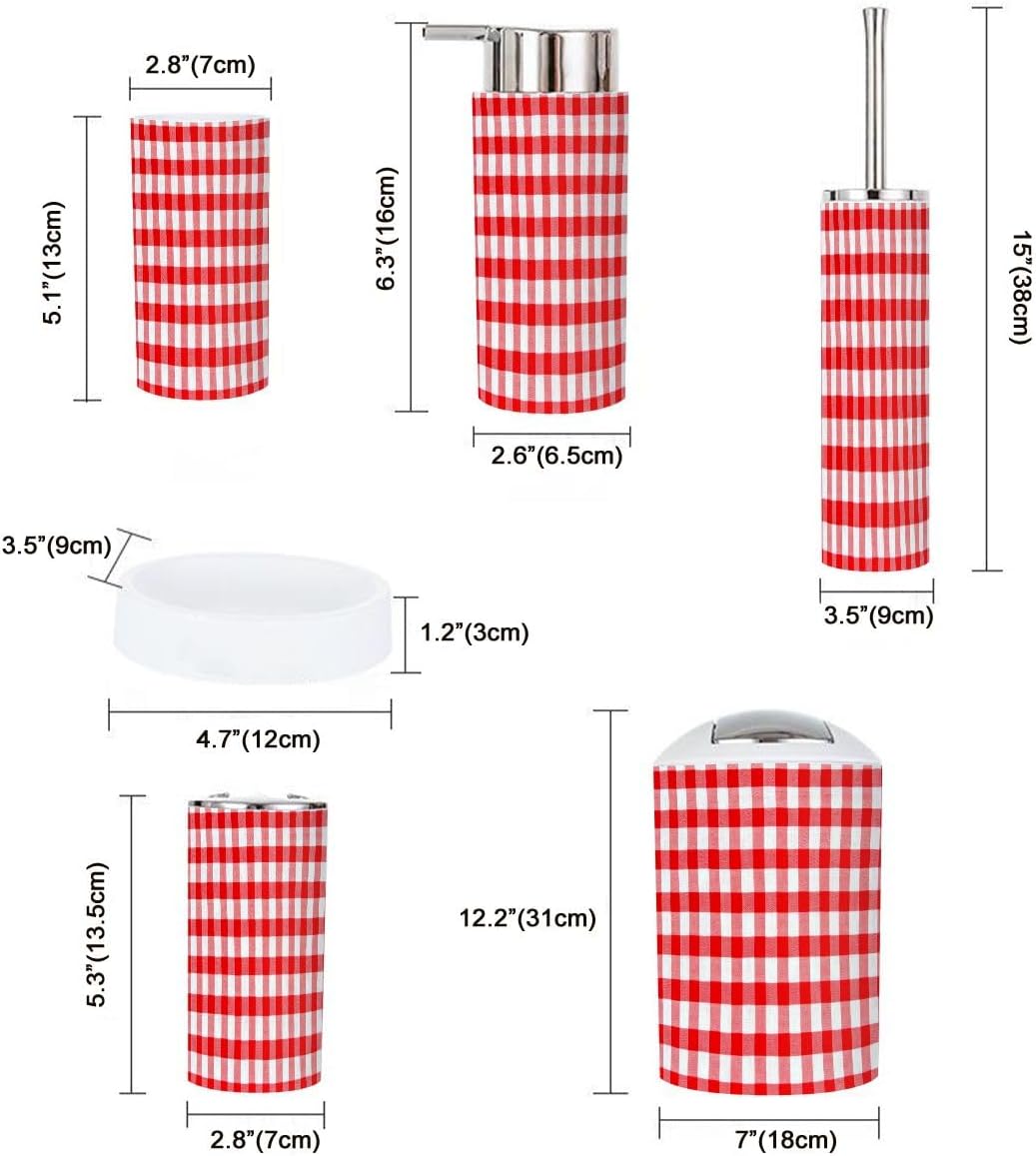 Boho Red Gingham Bathroom Accessory Set 6 Piece