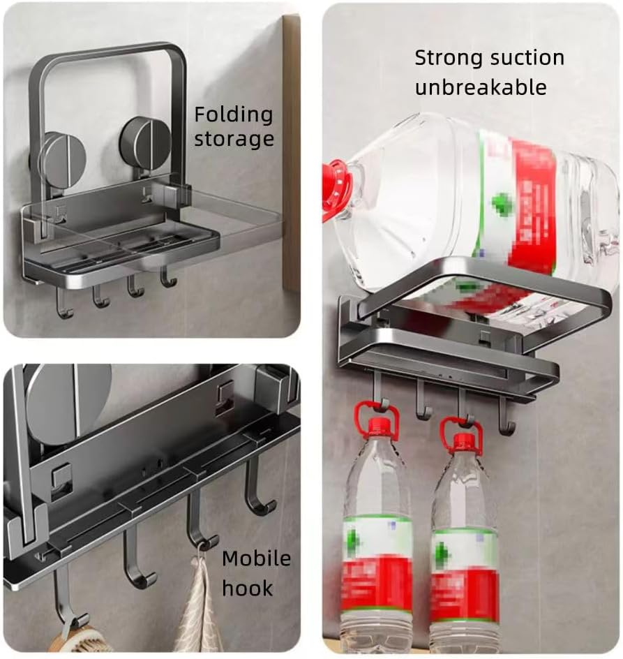 Folding Shower Suction Cup Shelf with Hook and Basin Stand