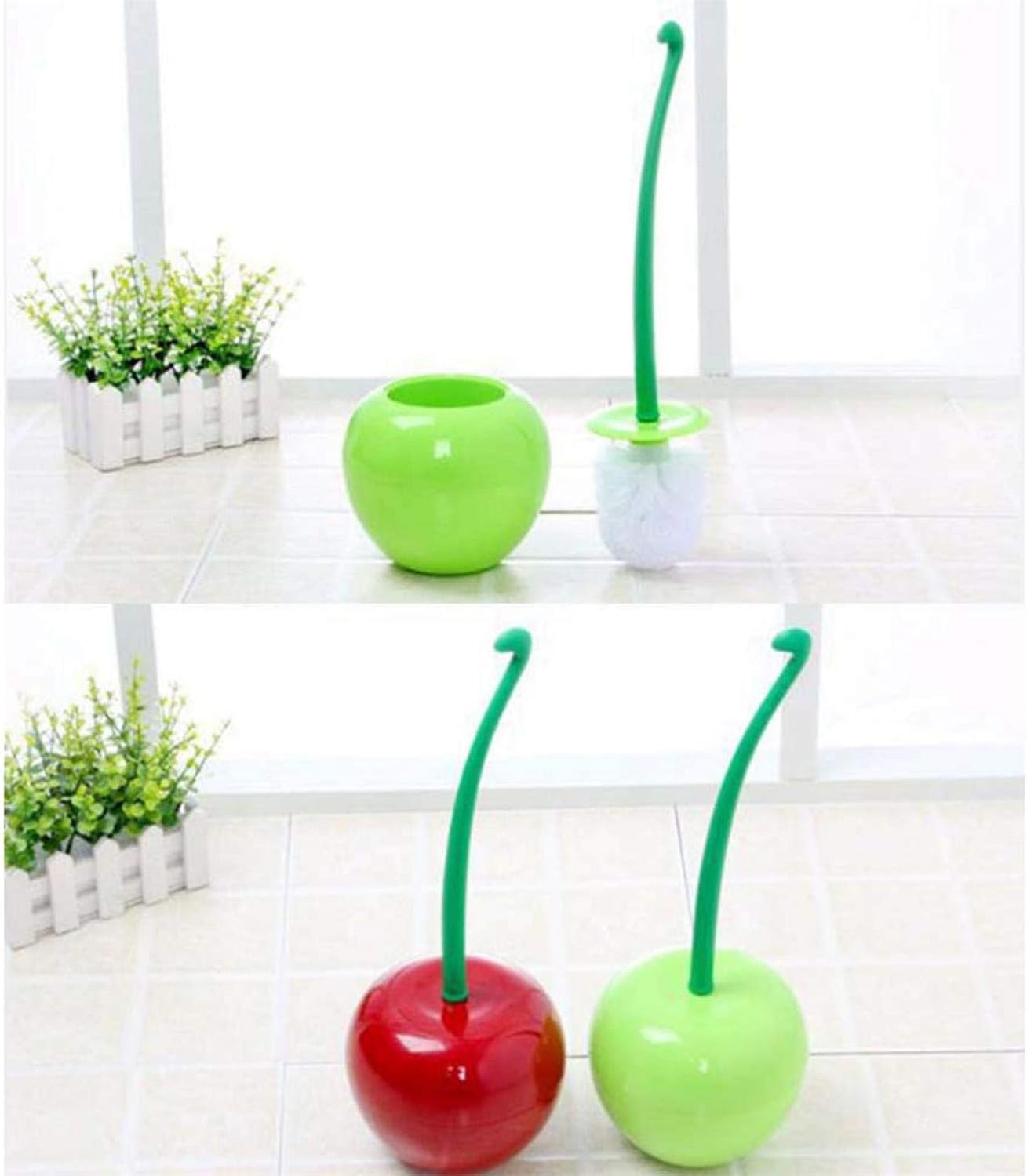 Red Cherry Toilet Brush and Holder Set - Cute Design with Storage Base