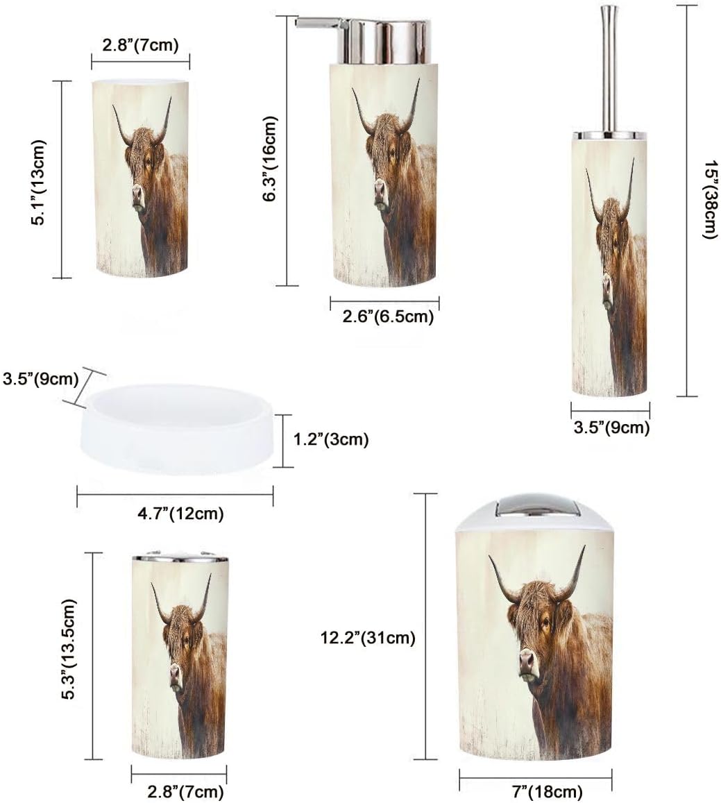 Boho Highland Cattle Bathroom Accessory Set of 6