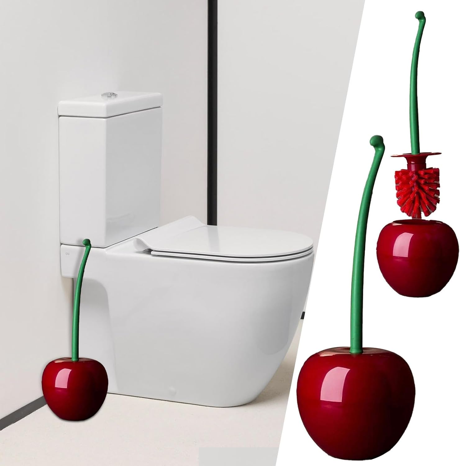 Red Cherry Toilet Brush and Holder Set - Cute Design with Storage Base