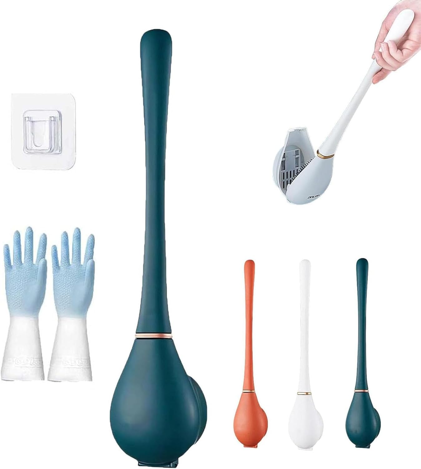 Silicone Toilet Brush with Holder Set No-Slip Extra Long Handle