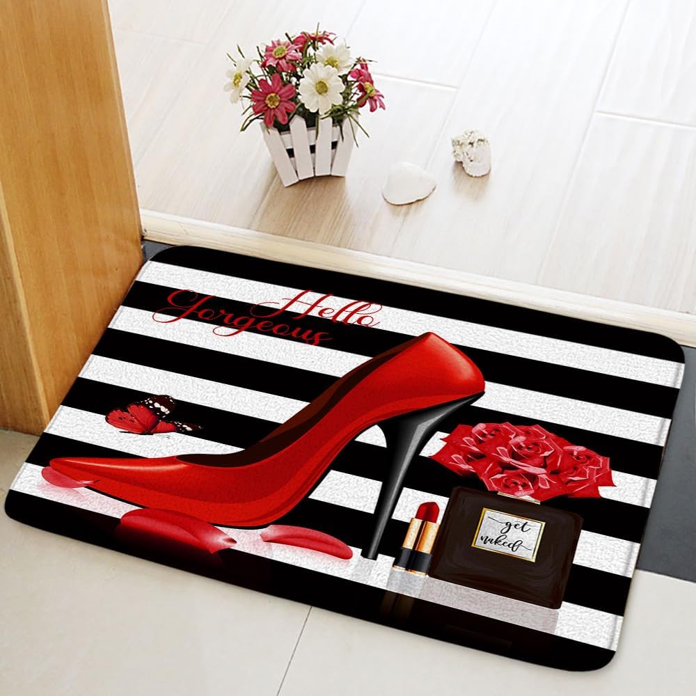 Black White Stripe Geometric Bath Mat 16x24 Inch 1