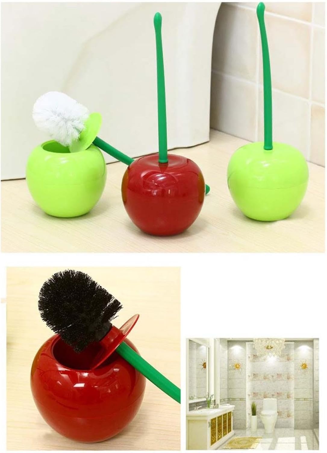 Red Cherry Toilet Brush and Holder Set - Cute Design with Storage Base