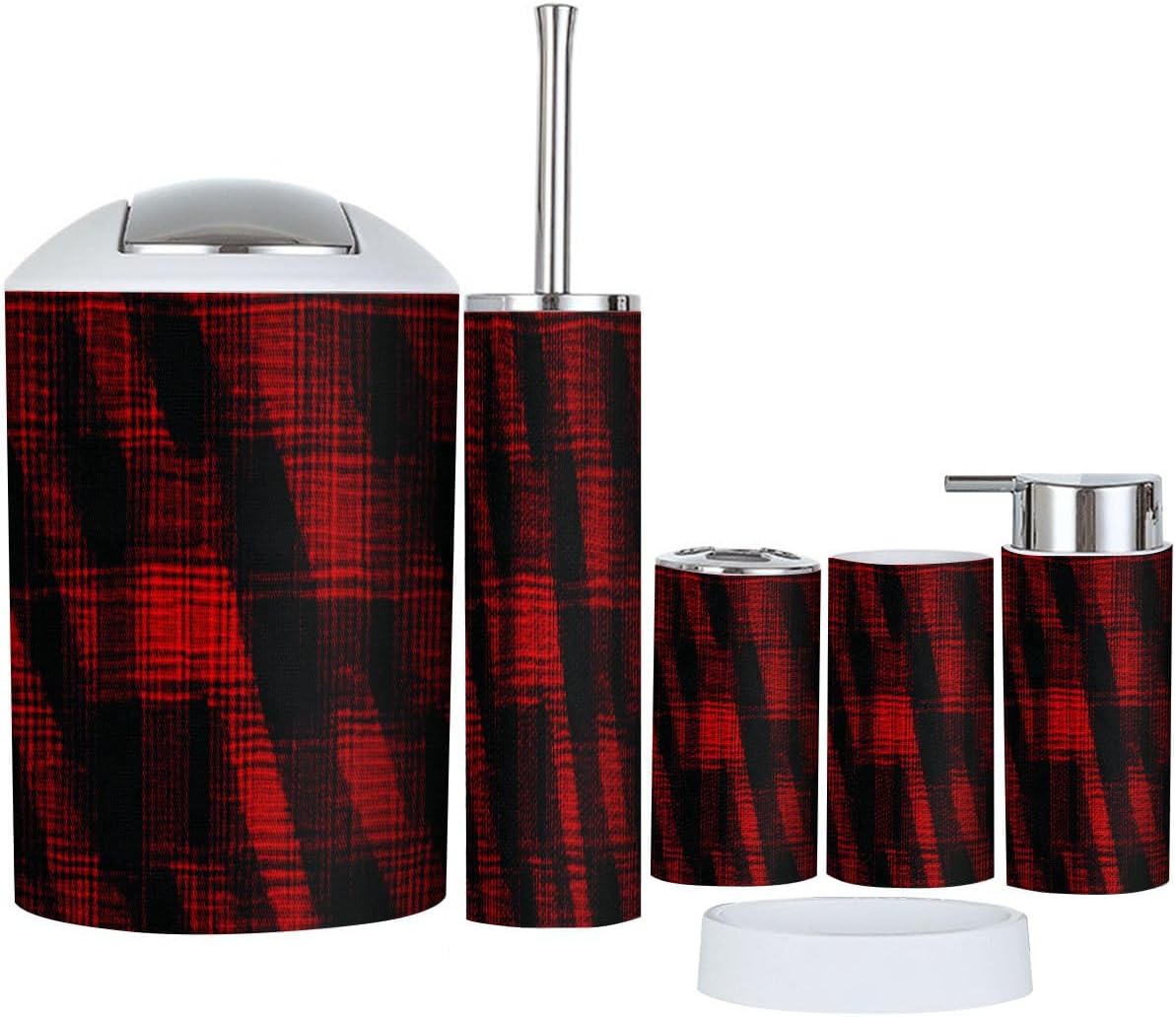 Boho Plaid Tartan Bathroom Accessories Set 6 Piece