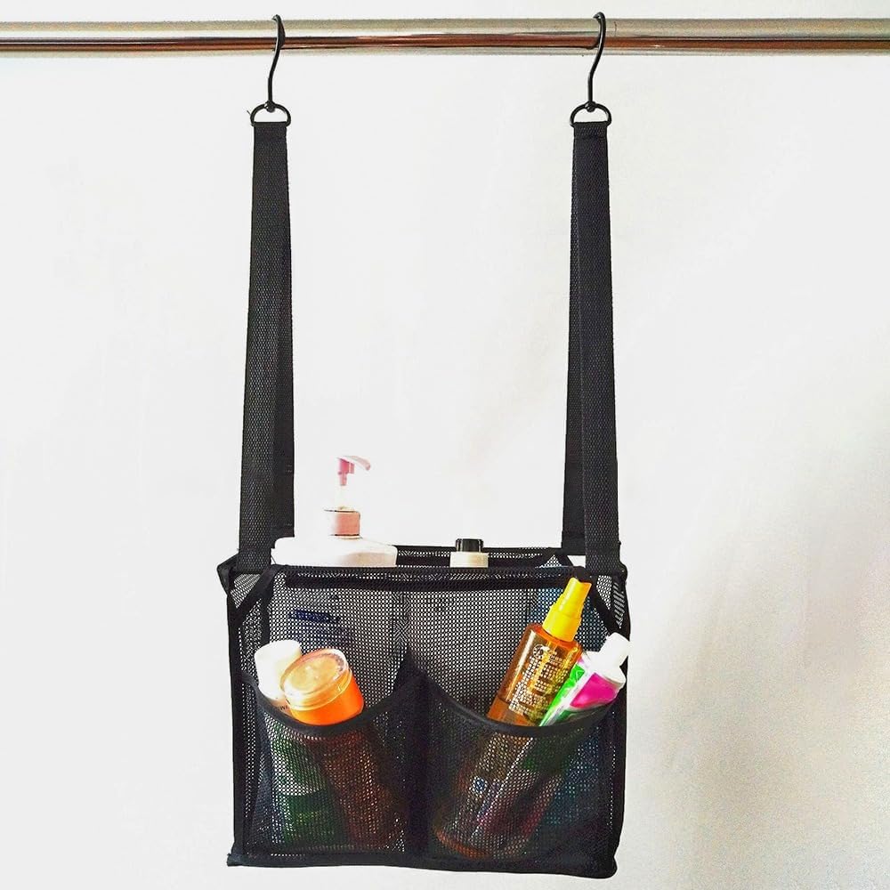 Portable Hanging Mesh Bag with 2 Hooks and 4 Pockets