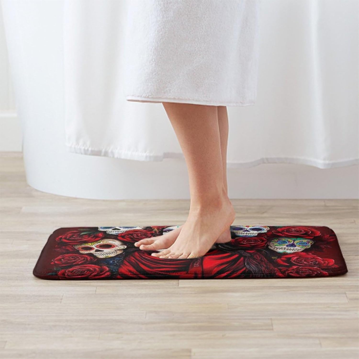 BoomDragon Non-Slip Memory Foam Bath Rug with Mexican Red Rose Design