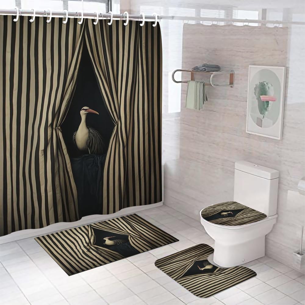 GUBIYU 4PCS Funny Animal Shower Curtain Set with Rug