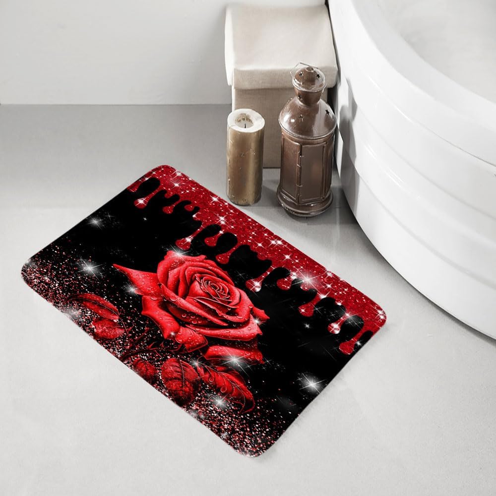 Red Rose Bath Mat with Shiny Roses Design 1