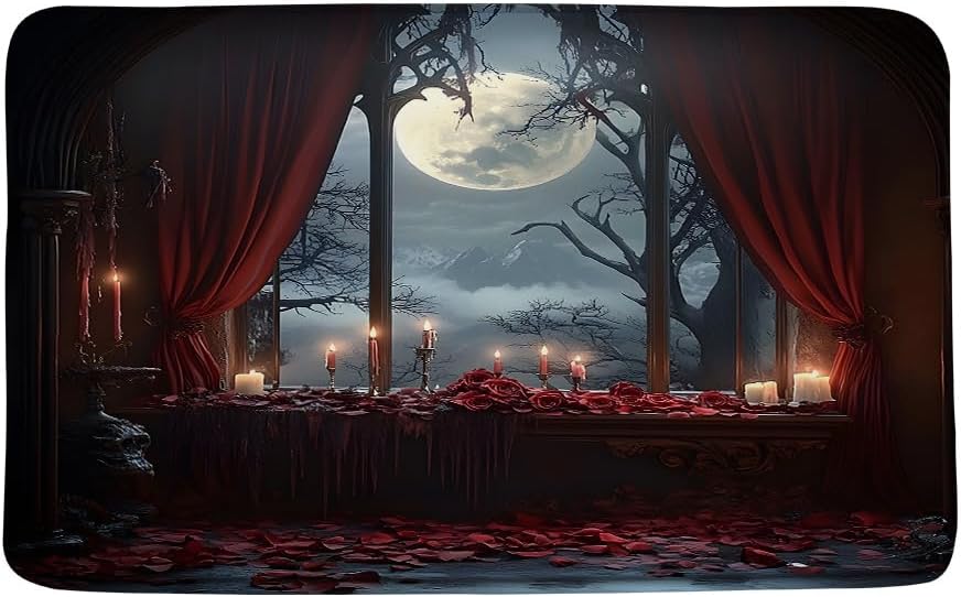 Gothic Bath Mat Medieval Castle Full Moon Spooky Red Rose Floral Halloween Witchcraft Memory Foam Rug