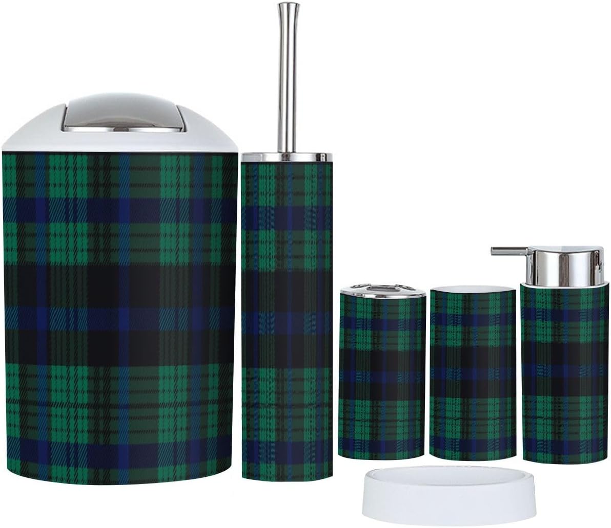 Boho Bathroom Accessory Set 6 Piece Navy Black Green Twill Weave Plaid
