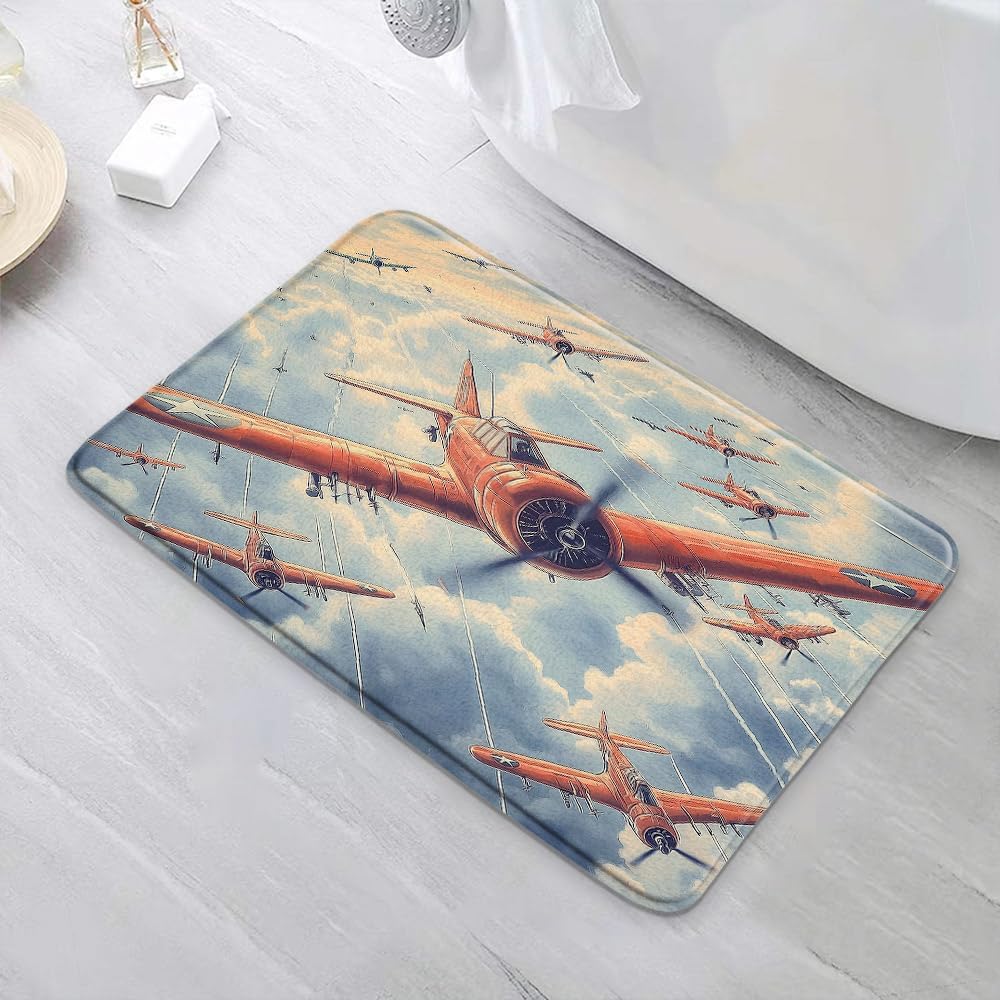 Vintage Airplane Bath Mat Retro Aircraft Flying Through Clouds Aviation Themed 16x24 Inch