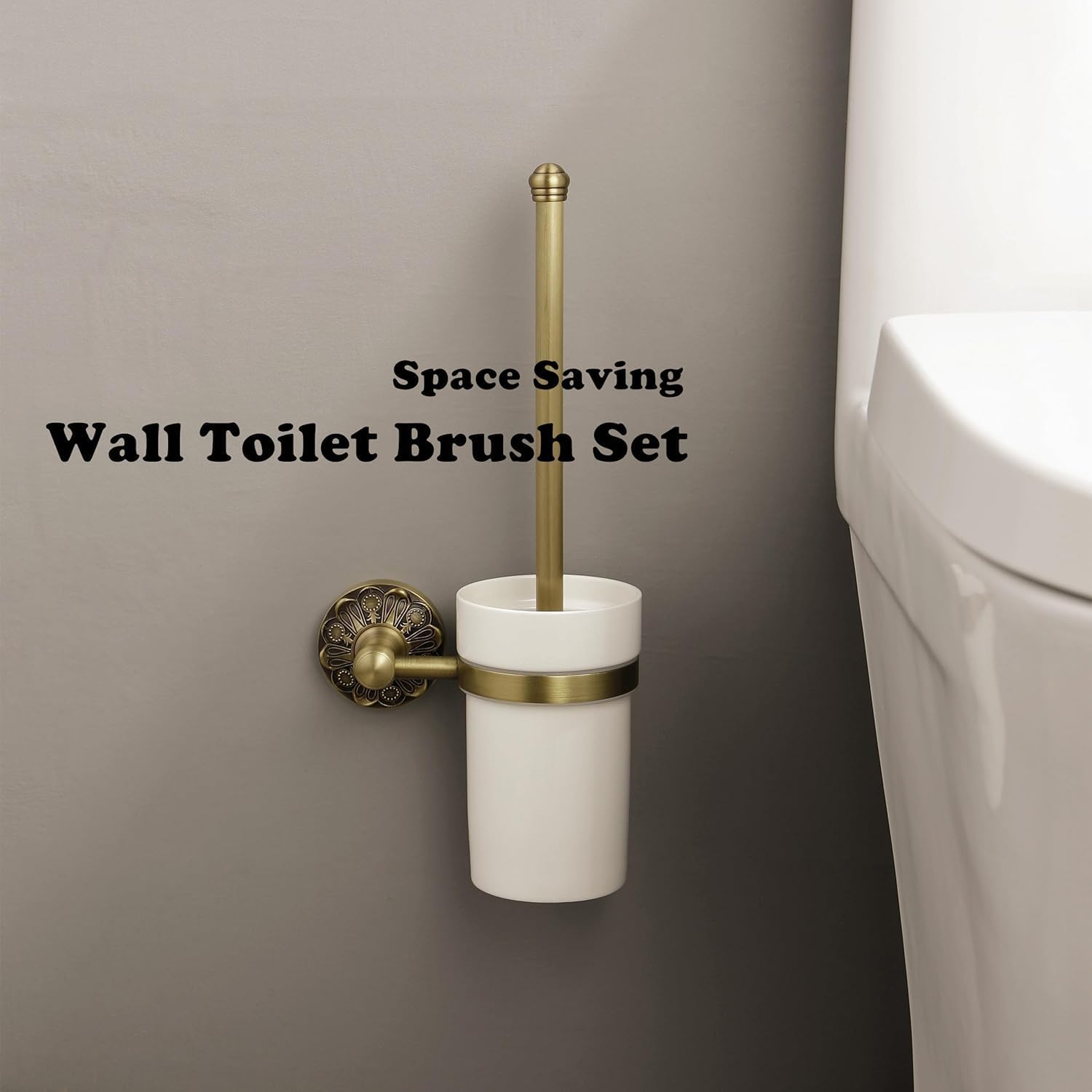 Antique Brass Toilet Brush Holder Set - Wall Mounted
