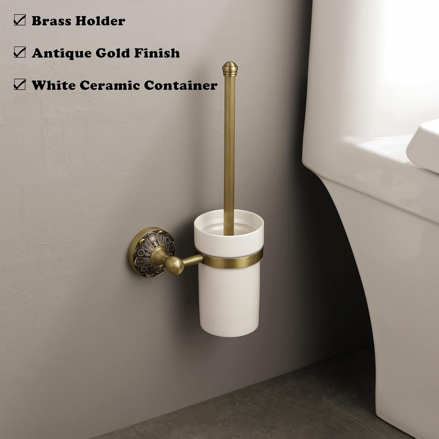 Antique Brass Toilet Brush Holder Set - Wall Mounted