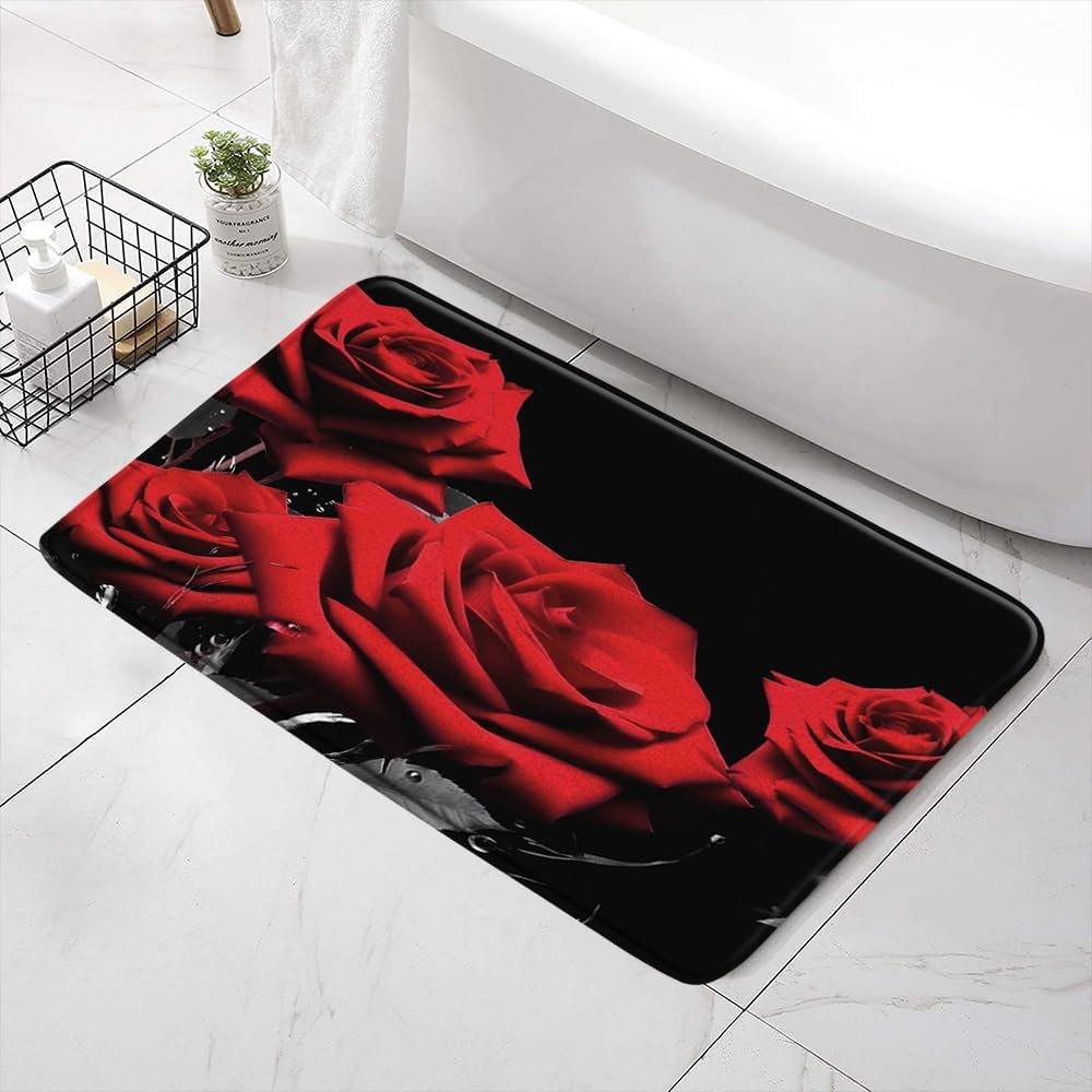 SATRTUD Red Rose Bath Mat Non-Slip Rug 24x16 Inch
