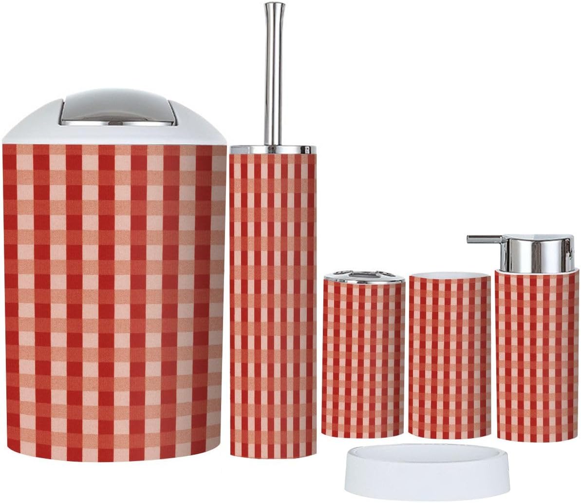 Boho Red Gingham Bathroom Accessories Set 6 Piece