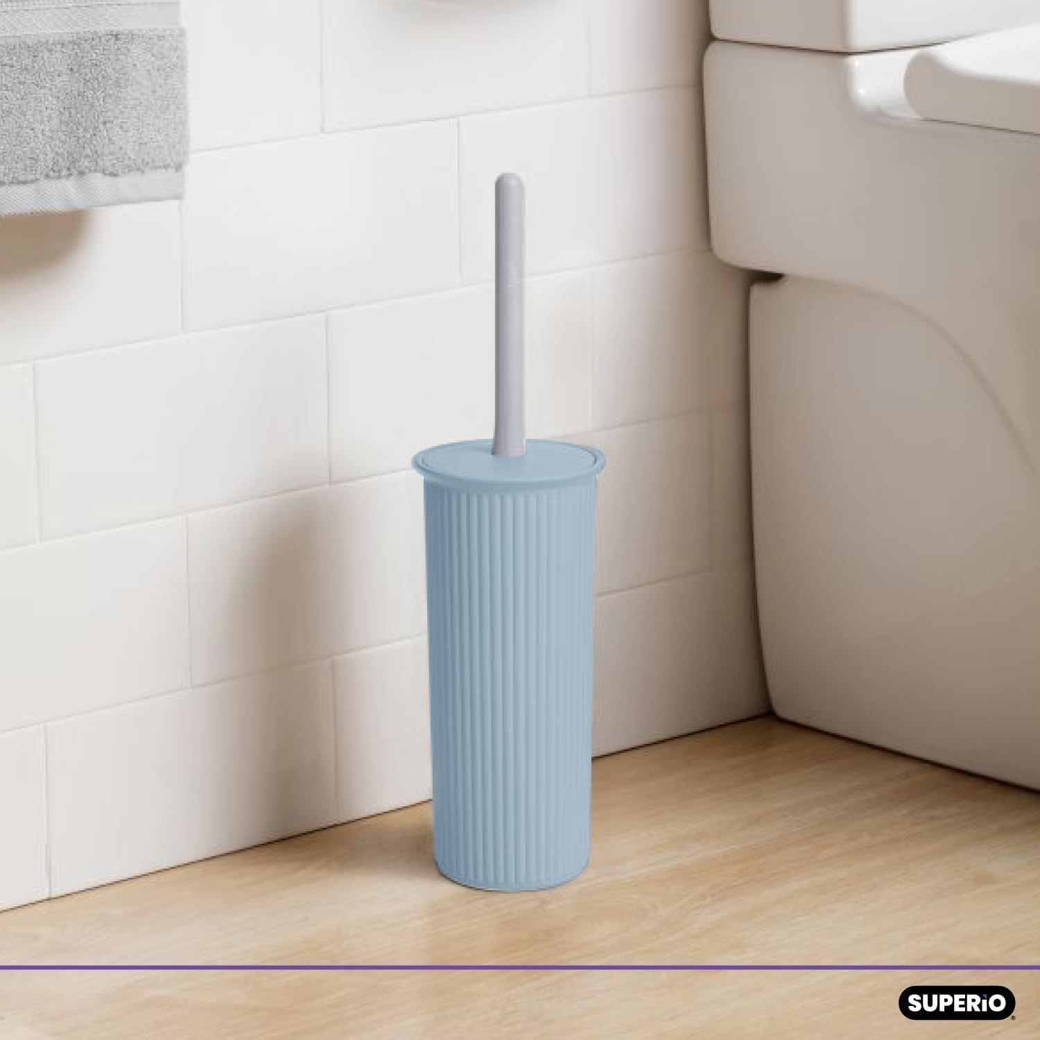 Superio Ribbed Toilet Brush with Holder Set Blue 1