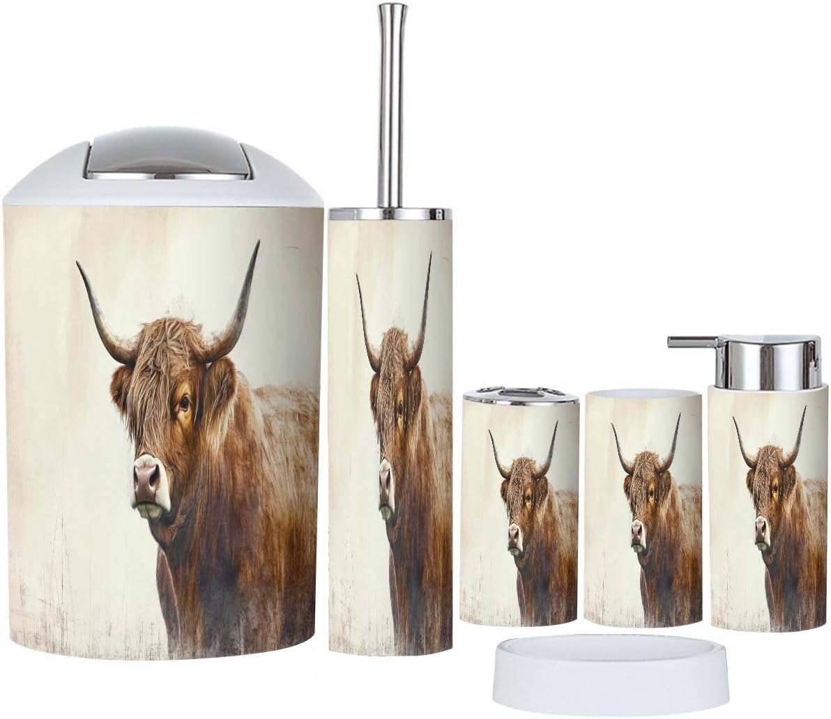 Boho Highland Cattle Bathroom Accessory Set of 6