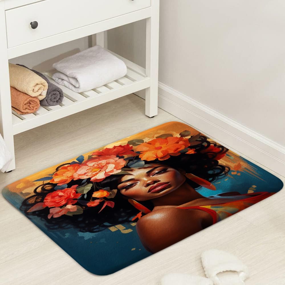 JAWO Black Rustic Flower Bath Rug Non-Slip