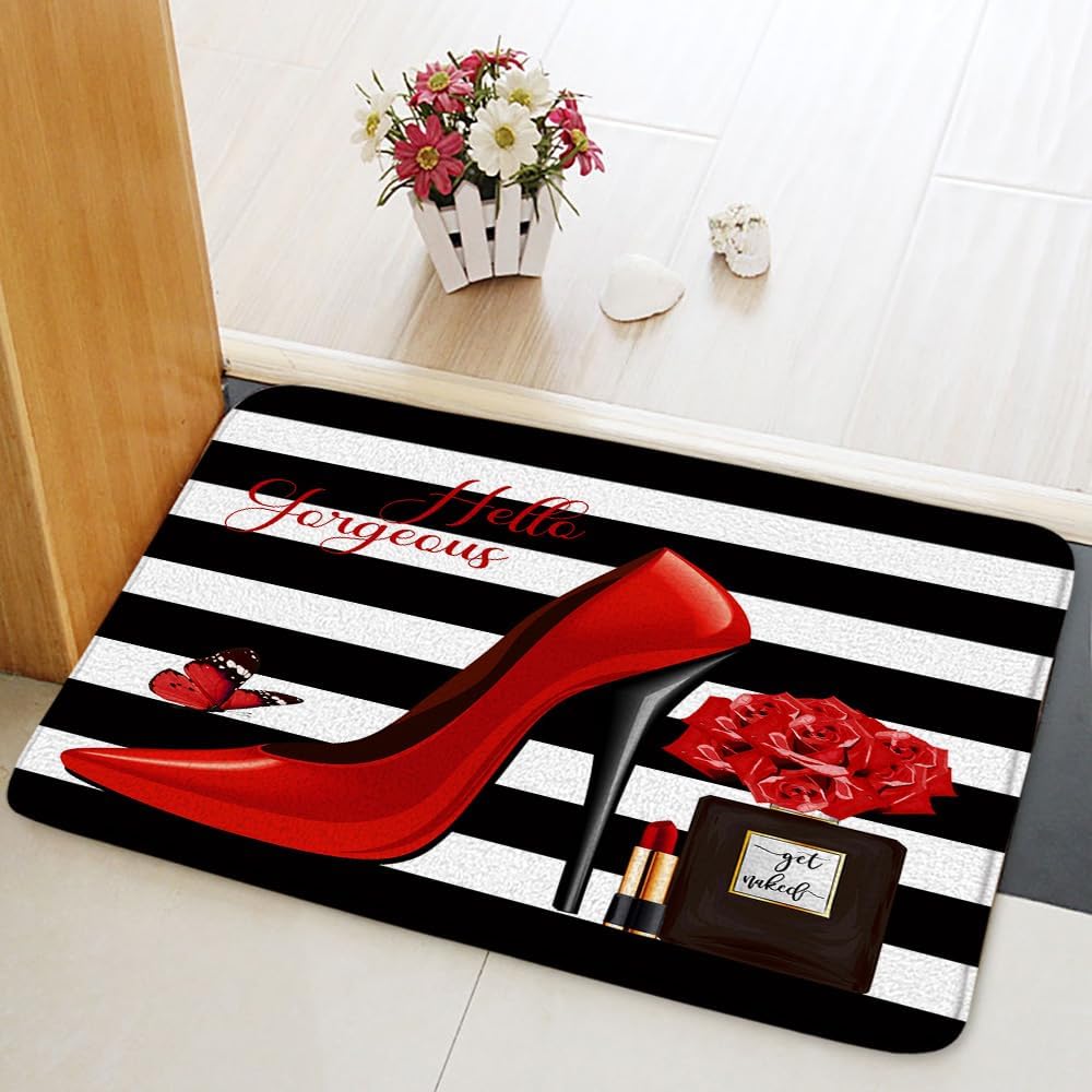 Black White Stripe Geometric Bath Mat 16x24 Inch