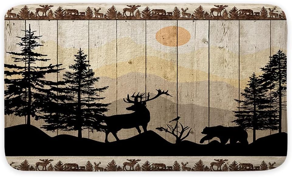 NYMB Rustic Cabin Bath Rug Set 19x31in Deer Bear Forest Print