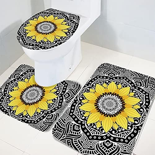 YESOF66 3 Piece Bathroom Rugs Set with Mandala Sunflower Pattern Black Non-Slip Mats