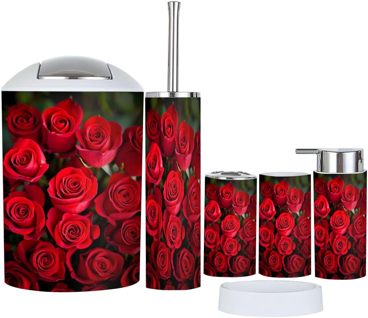 Boho 6 Piece Bathroom Accessory Set with Red Roses Design
