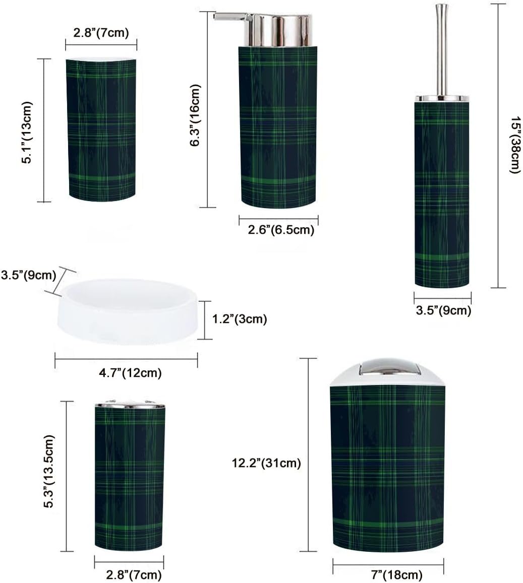 Boho Blue Green Tartan Plaid 6-Piece Bathroom Accessory Set