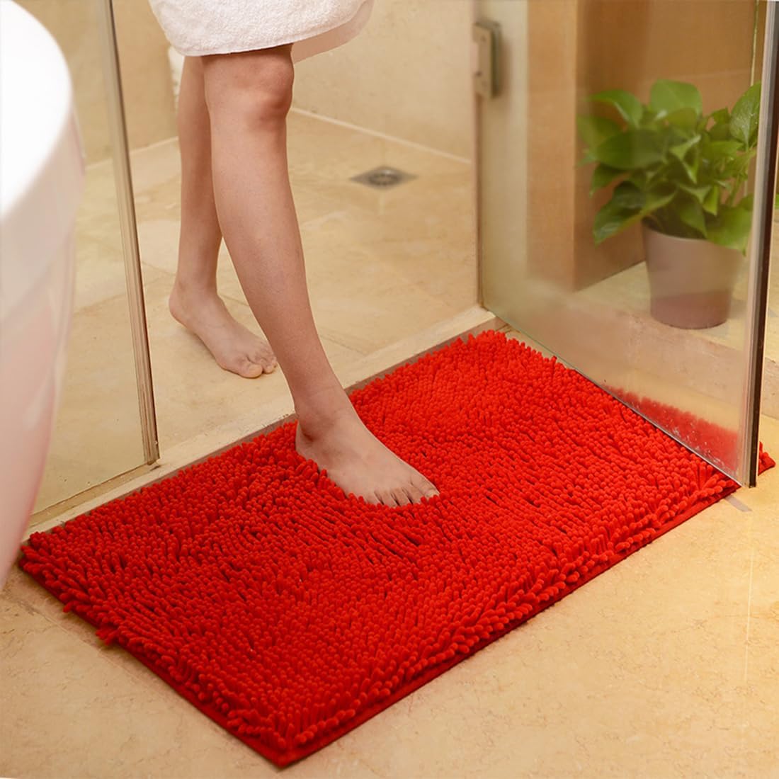 JAIJY Red Rectangle Chenille Bath Rug Non-Slip 1