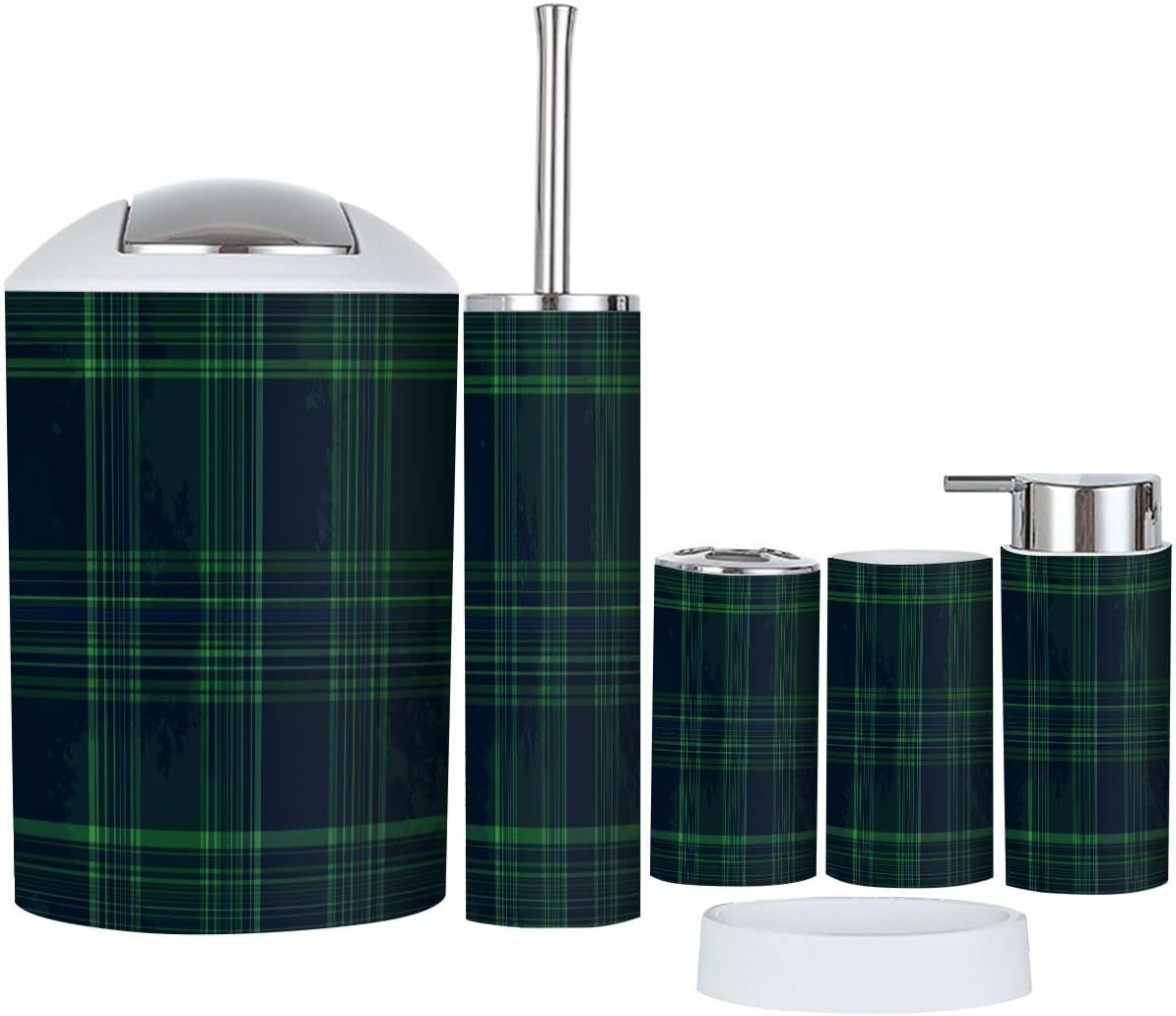 Boho Blue Green Tartan Plaid 6-Piece Bathroom Accessory Set