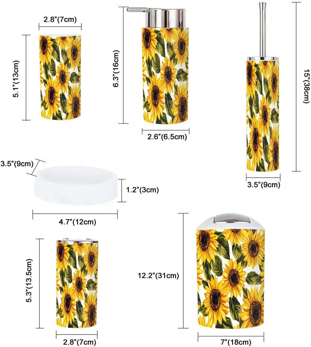 Boho Bathroom Accessories Set 6 Pieces White Sunflowers Design