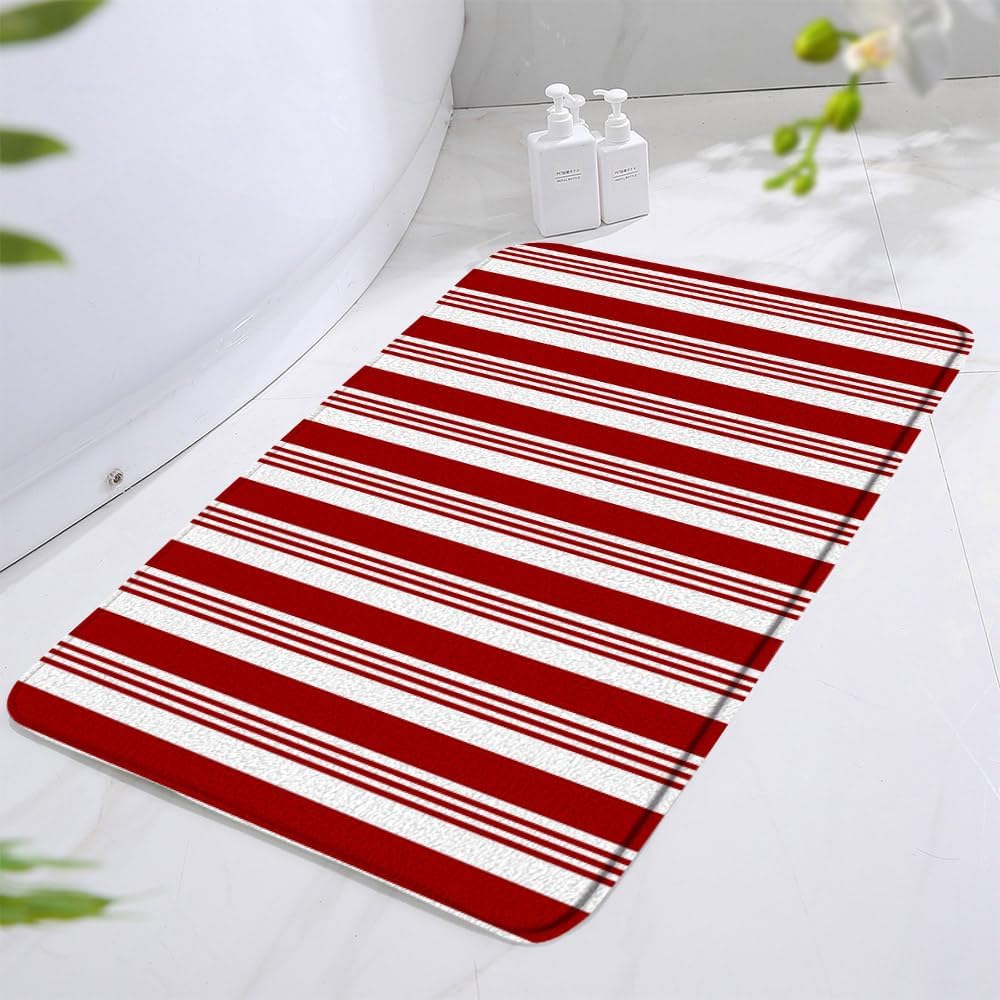 Red Striped Bath Mat 16x24 Inch Abstract Modern Geometric Design