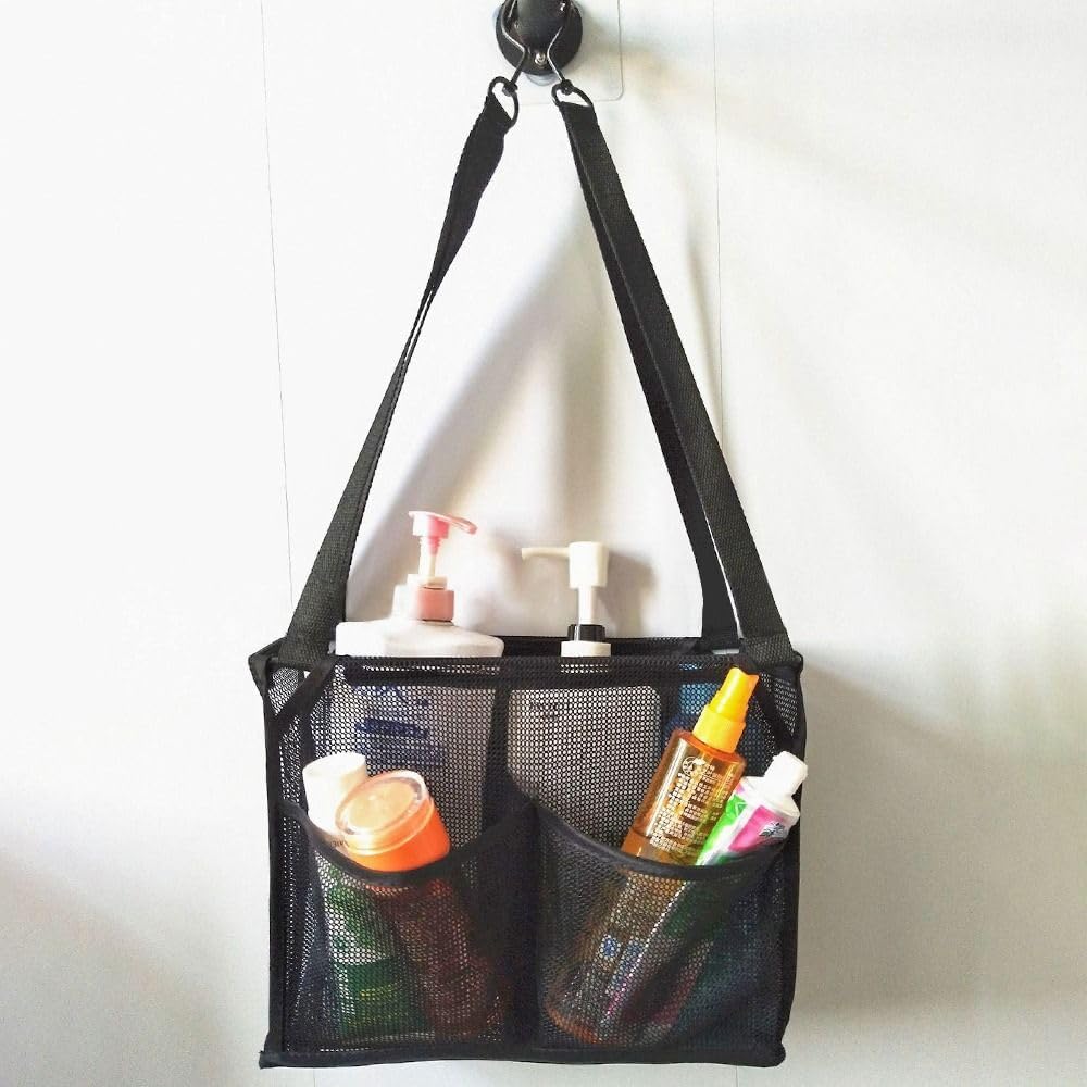 Portable Hanging Mesh Bag with 2 Hooks and 4 Pockets