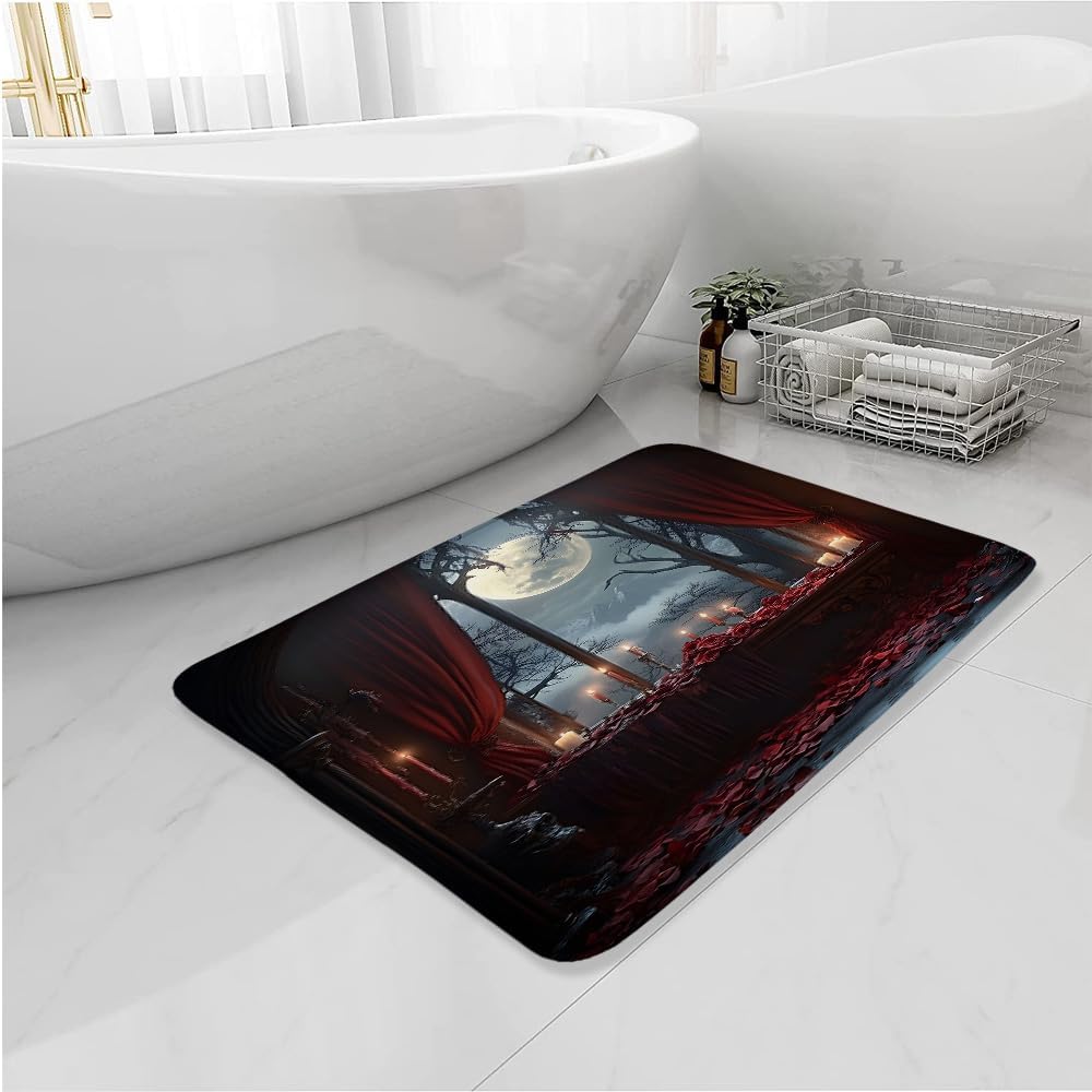 Gothic Bath Mat Medieval Castle Full Moon Spooky Red Rose Floral Halloween Witchcraft Memory Foam Rug