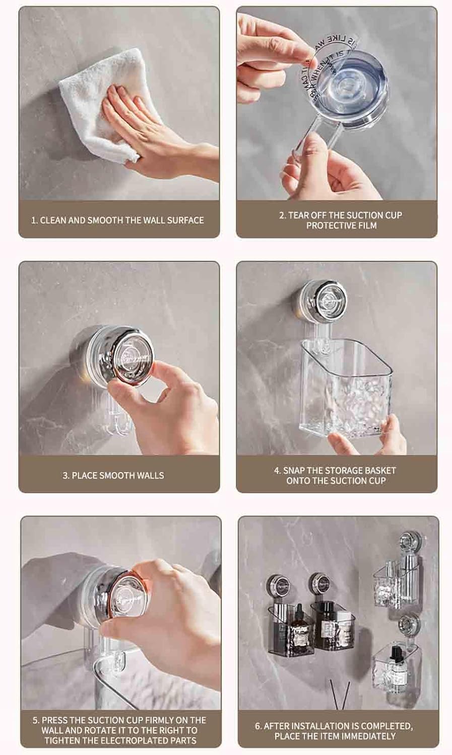 Clear Shower Caddy with Suction Cups and Rose Gold Fittings